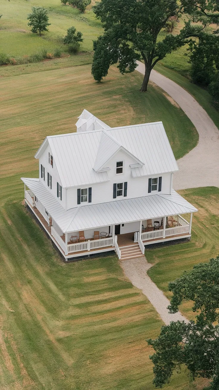 Modern farmhouse charm meets timeless elegance. This new build boasts a vintage aesthetic, perfectly nestled on sprawling acreage, offering a peaceful retreat where the only sounds are nature's whispers and the gentle creak of the wrap-around porch. A gravel pathway leads to the inviting entrance, complete with rustic wooden chairs, promising countless hours of relaxation. A true testament to blending the old with the new.