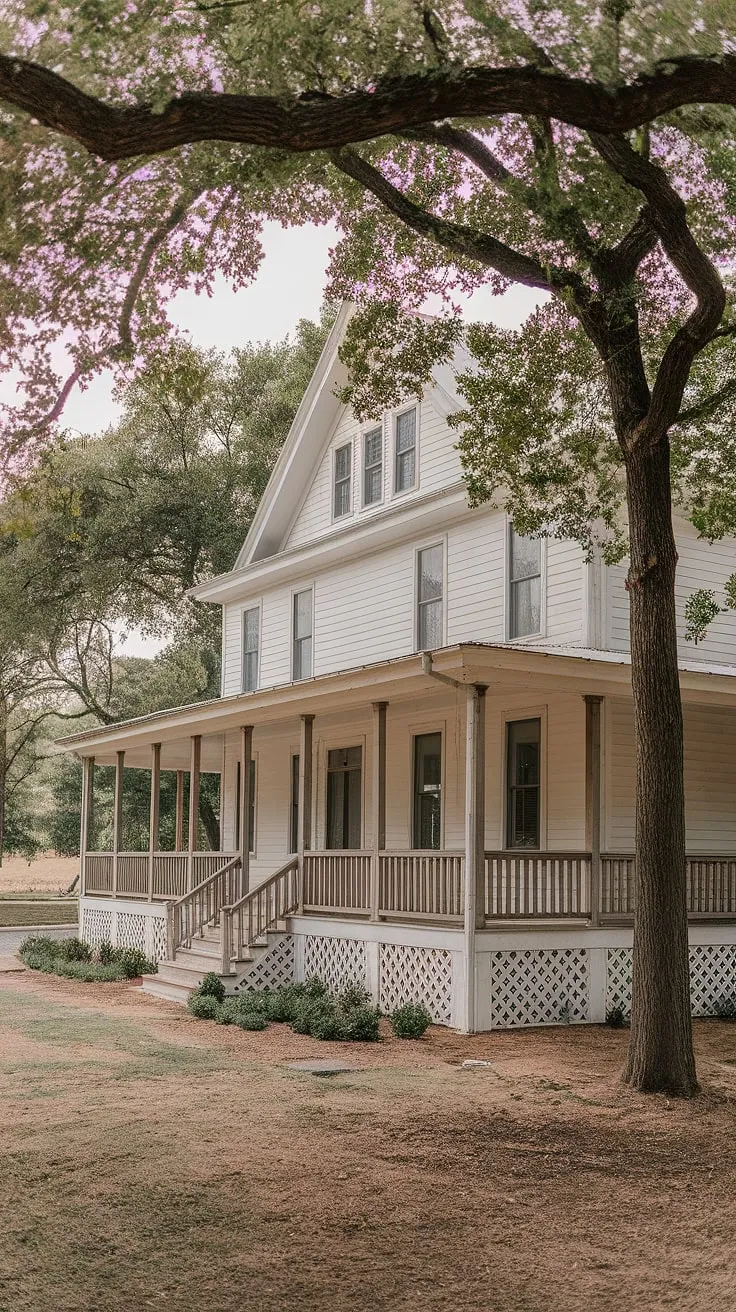 This vintage white farmhouse, nestled amongst the trees, is the epitome of peaceful country living. The wrap-around porch, sturdy columns, and inviting steps beckon you to slow down and enjoy the simple pleasures of life. A perfect blend of rustic charm and modern comfort, it's a dream home waiting to be lived in. A true sanctuary, a place to reconnect with nature, and a testament to timeless elegance.