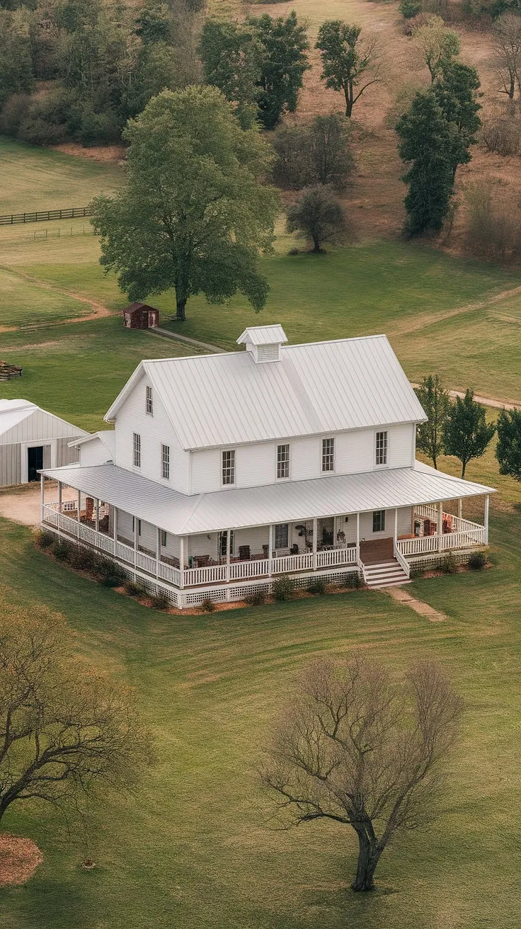 A picturesque scene unfolds: a timeless white farmhouse, its wide porch inviting you to unwind. Surrounded by lush greenery and hinting at the peaceful acreage beyond, this home offers a sanctuary from the everyday. A haven of serenity, it's more than just a house; it's a dream realized.
