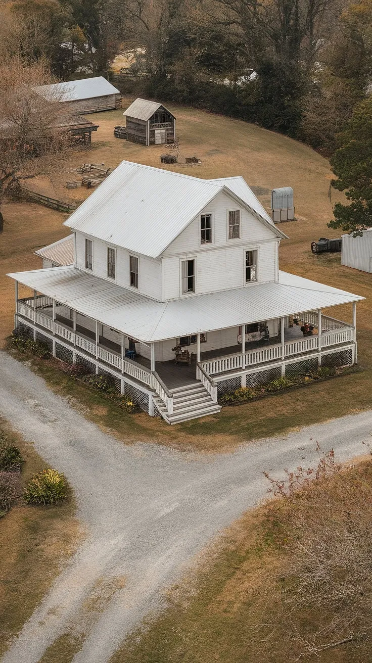 This vintage white farmhouse offers a tranquil escape. A long gravel driveway leads to the inviting wrap-around porch, promising relaxation and breathtaking views. Surrounded by mature trees and complemented by charming outbuildings, this property is a testament to timeless elegance. A rare find, a peaceful retreat, a place to call home.