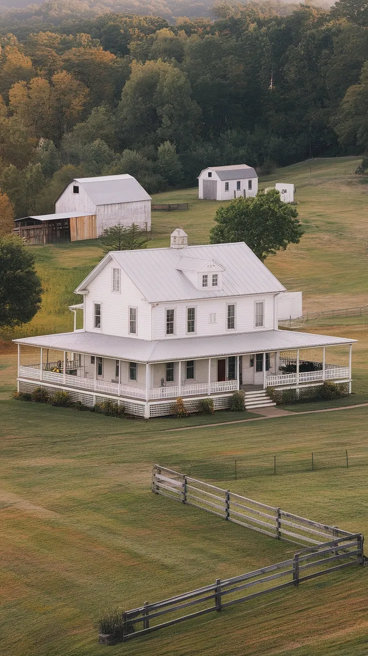 A picture-perfect scene unfolds: a classic white farmhouse, its wide porch inviting, sits serenely amidst the greenery. A nearby barn and shed speak of rural charm and self-sufficiency. A testament to enduring elegance and the simple joys of country living.