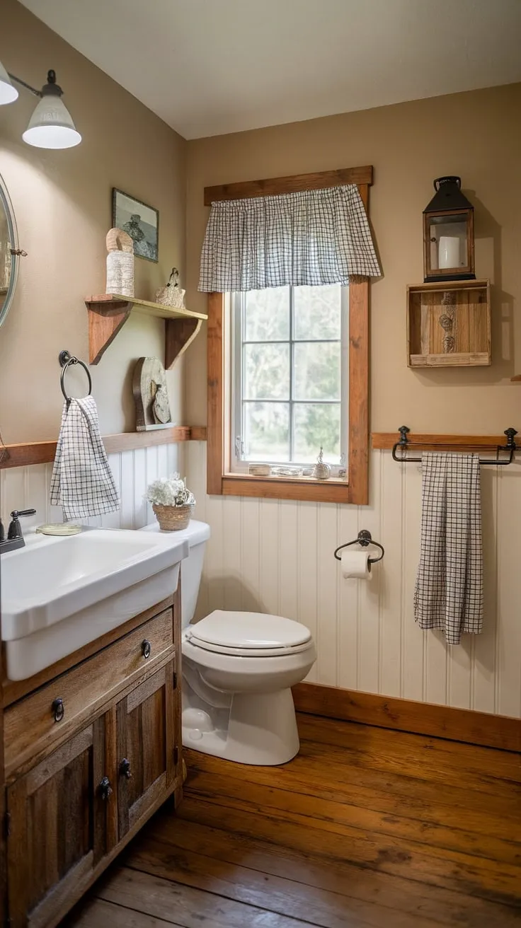 This farmhouse bathroom boasts a rustic bathroom decor that's both inviting and functional. A perfect example of farmhouse restroom style and a dream bathroom remodel.