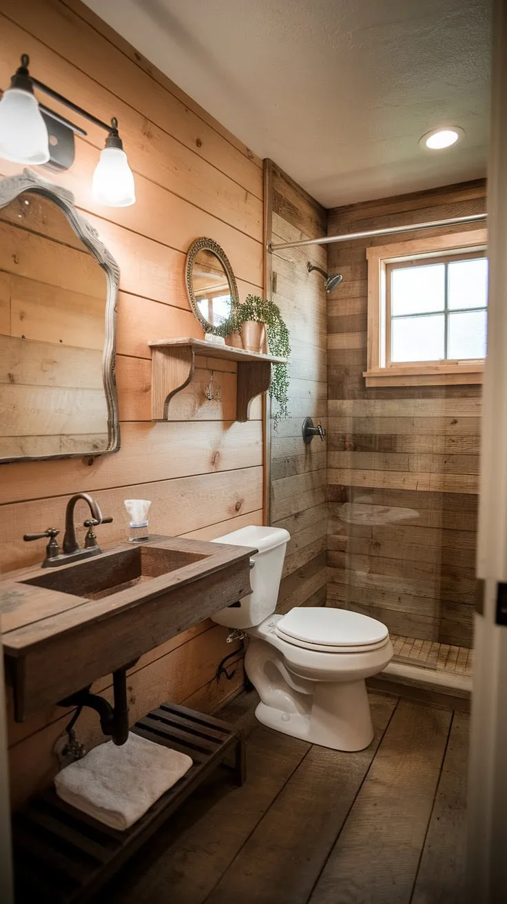 Step into this charming farmhouse restroom, a testament to rustic bathroom decor. The DIY farmhouse decor shines through in the vintage wooden sink and reclaimed wood walls, creating a warm and inviting atmosphere perfect for a relaxing soak. This bathroom remodel beautifully blends old-world charm with modern functionality, showcasing the best of farmhouse bathroom decor and restroom decor.