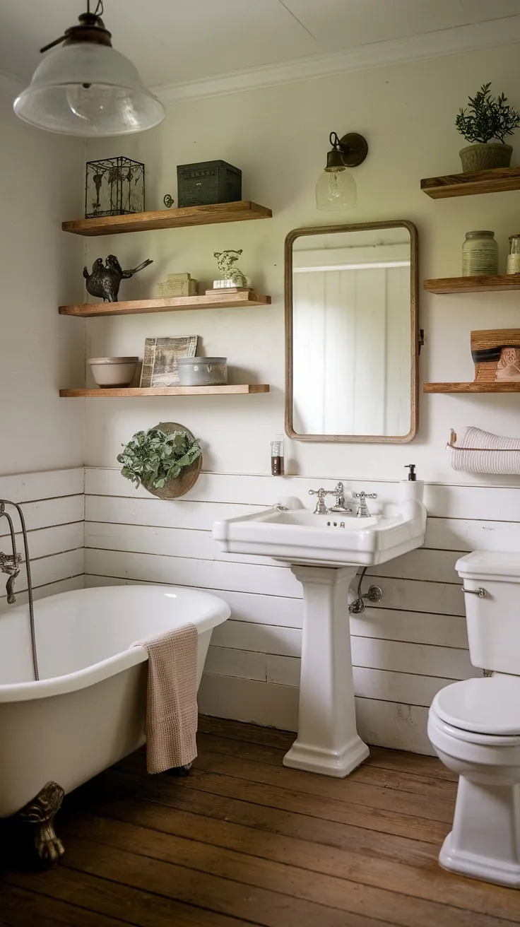 This farmhouse bathroom's rustic bathroom decor and farmhouse restroom design is the perfect blend of cozy and chic. A successful bathroom remodel showcasing DIY farmhouse decor.
