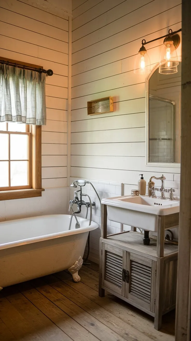 Warm lighting illuminates this charming farmhouse restroom, showcasing a successful bathroom remodel. The rustic bathroom decor, featuring shiplap walls, a white clawfoot tub, and a vintage sink with a wooden vanity, creates a serene and inviting atmosphere. This DIY farmhouse decor perfectly blends practicality with rustic charm, transforming this space into a true farmhouse bathroom.