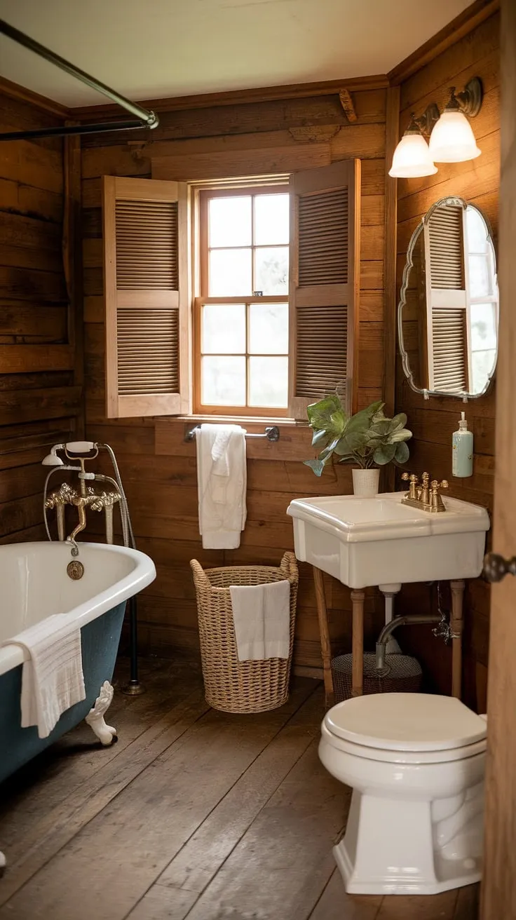 Warmth and character define this farmhouse bathroom. The rustic bathroom decor and farmhouse restroom design create a cozy retreat, perfect for a relaxing bathroom remodel.