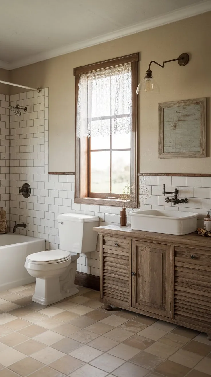 Step into this serene farmhouse restroom, showcasing a rustic bathroom decor perfectly achieved through a thoughtful bathroom remodel. The beige tile, wooden vanity with white sink, and vintage light fixture create a charming atmosphere, complemented by the lace-curtained window. This DIY farmhouse decor is the epitome of farmhouse bathroom decor.