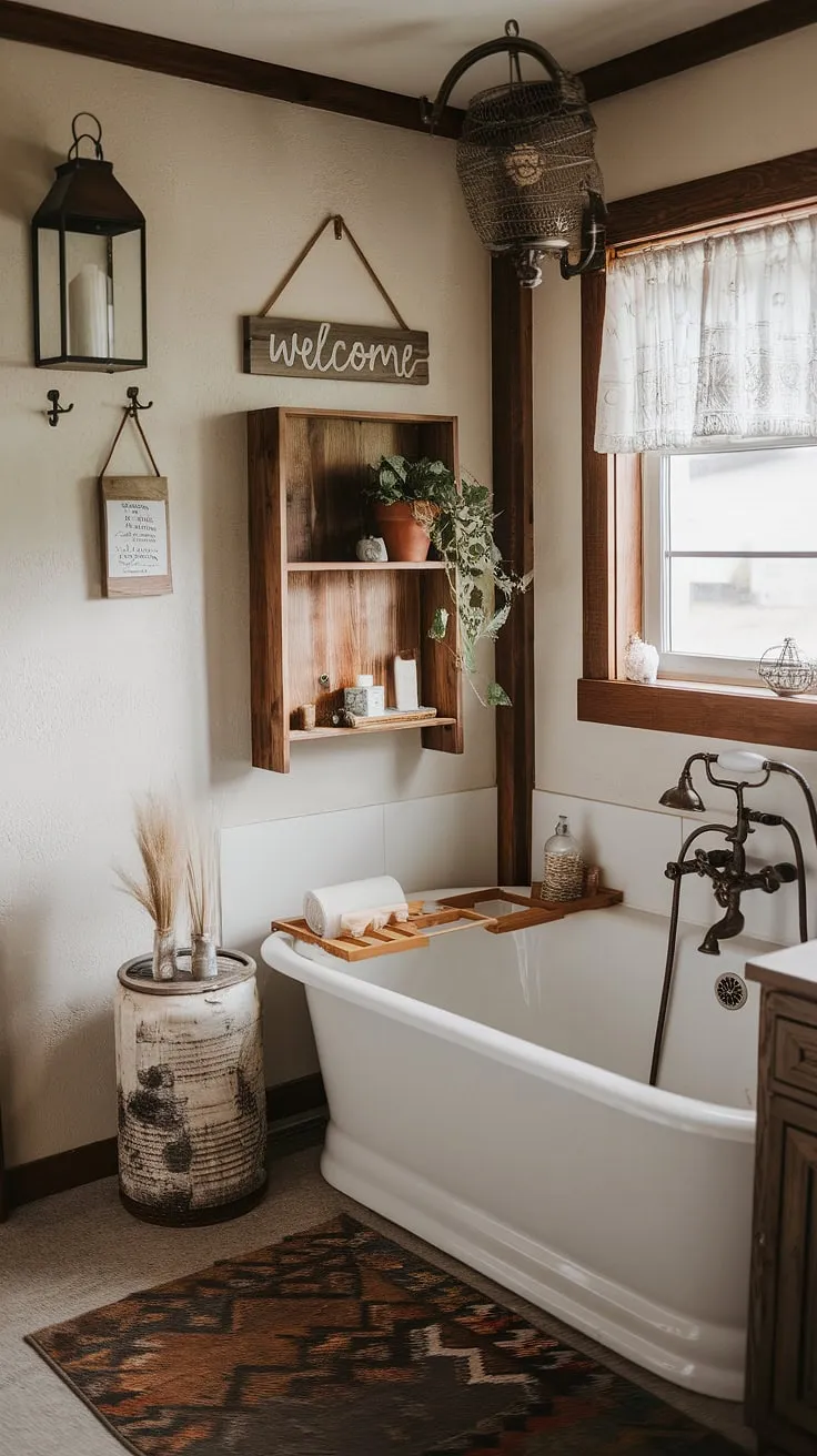 This farmhouse bathroom remodel is a dream come true! Rustic bathroom decor shines in this space, from the aged bronze bathtub fixtures to the thoughtfully placed DIY farmhouse decor on the wooden shelf. The patterned rug and window curtain add texture and charm to this farmhouse bathroom, creating a welcoming and serene farmhouse restroom. The overall effect is a perfect blend of rustic charm and modern comfort.