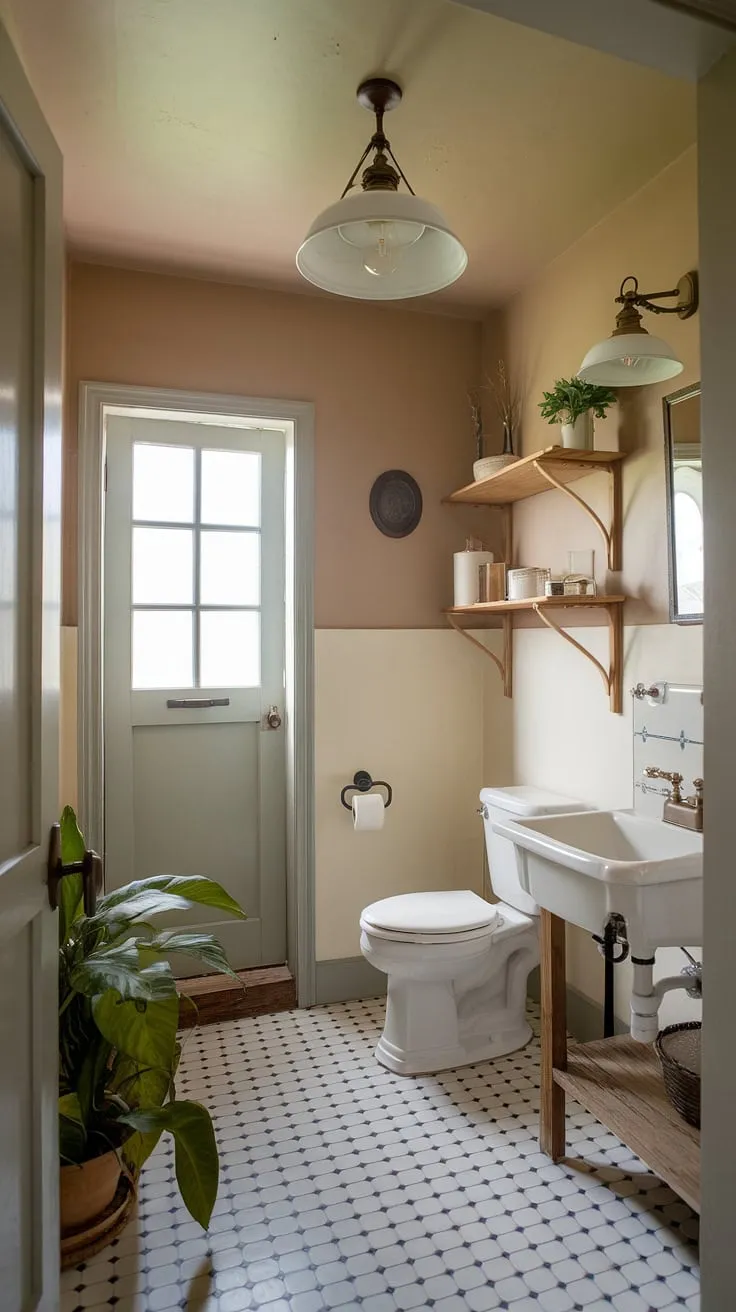 A recent bathroom remodel transformed this space into a delightful farmhouse bathroom. The rustic bathroom decor is evident in every detail, from the black and white checkered floor to the vintage faucet. Simple touches like the wooden shelf and potted plant complete the farmhouse restroom aesthetic, a testament to the power of diy farmhouse decor.