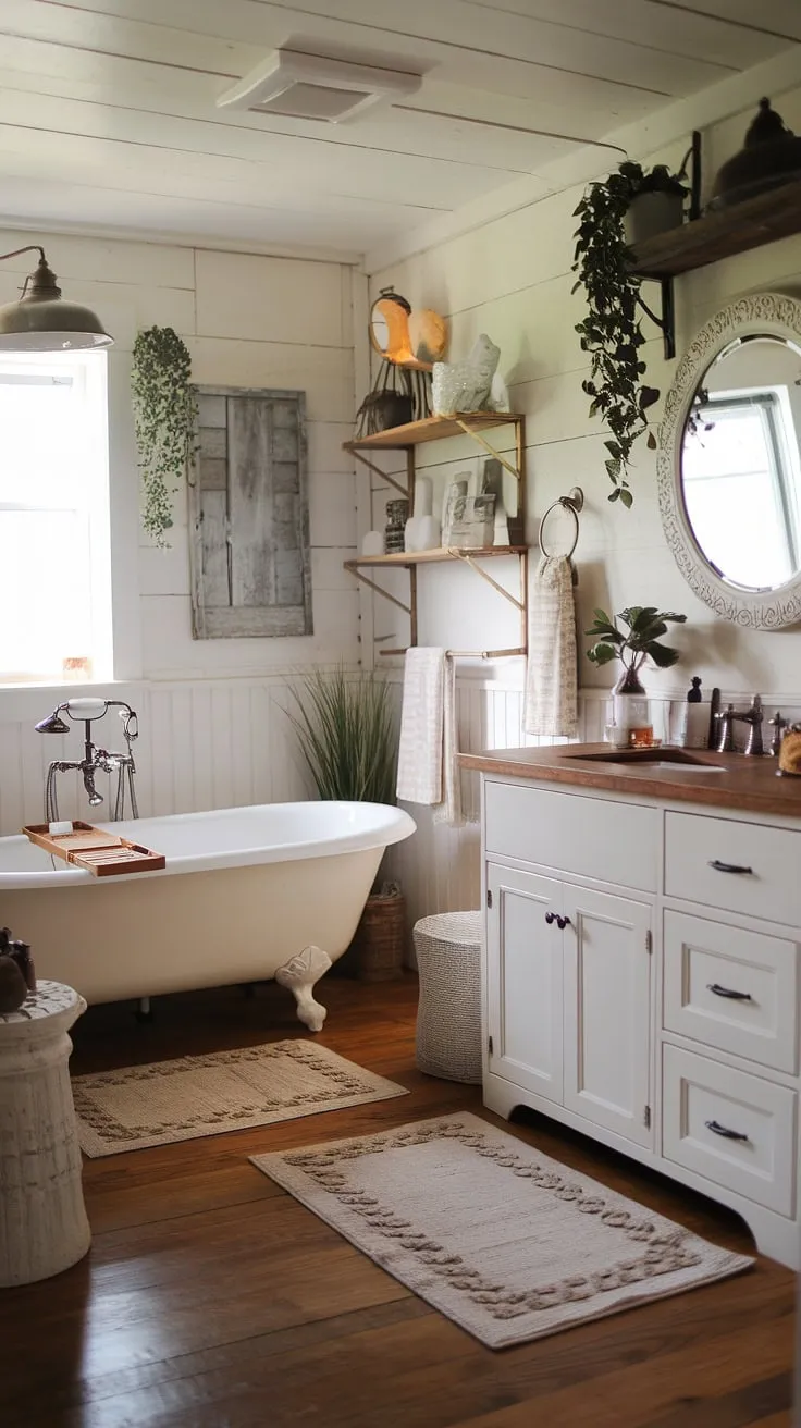 Step into this inviting farmhouse bathroom, a perfect example of a rustic bathroom decor style achieved through a thoughtful bathroom remodel. The white clawfoot tub is the centerpiece, surrounded by DIY farmhouse decor elements including a rustic countertop vanity and a cozy bathroom rug. The hardwood floors and carefully chosen plants complete the look of this farmhouse restroom, showcasing the best in farmhouse bathroom decor.
