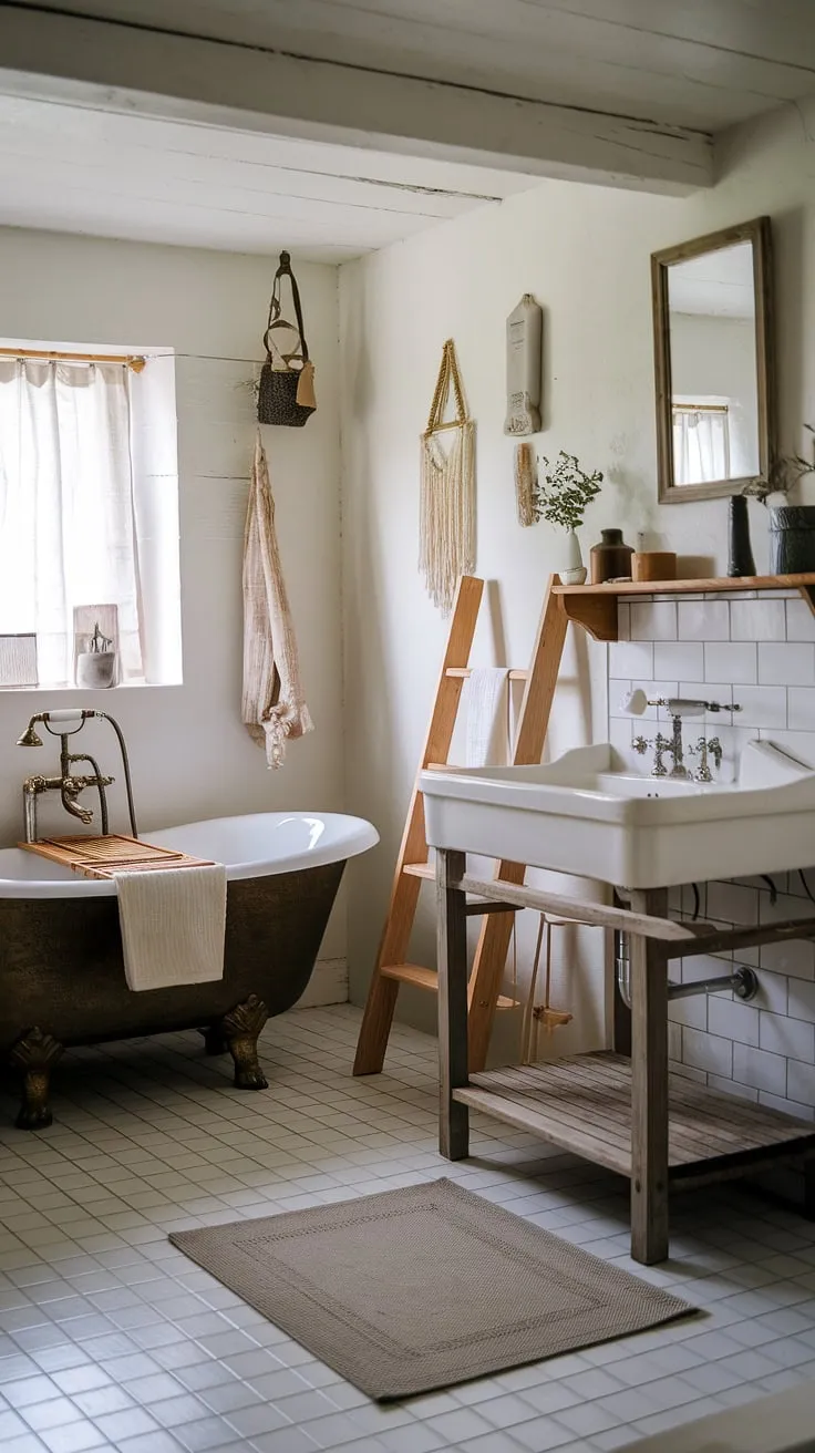 Step into this charming farmhouse restroom, a testament to rustic bathroom decor and DIY farmhouse decor. The freestanding tub, wooden ladder, and vintage sink on a wooden stand create a cozy atmosphere, perfectly complemented by the white-tiled floor and simple, homemade touches. This bathroom remodel is a dream come true for anyone seeking a peaceful farmhouse bathroom retreat.