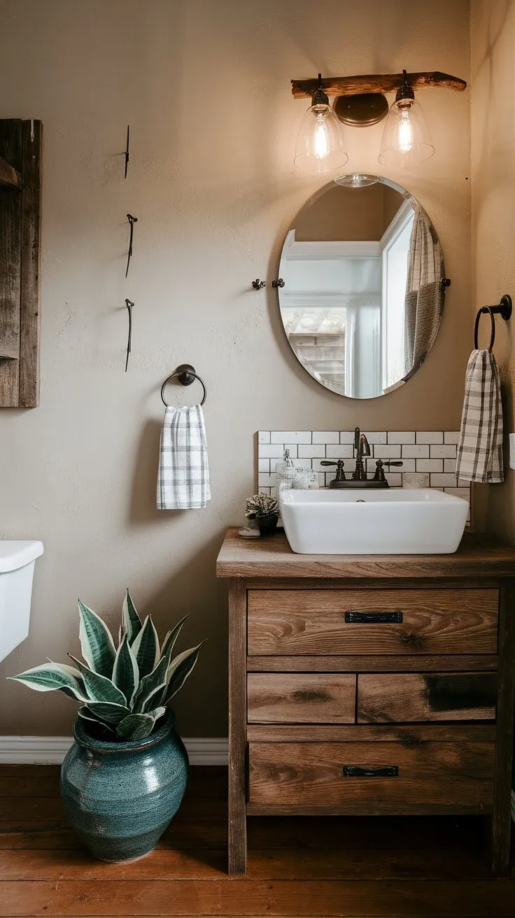 A rustic bathroom decor dream come true! This farmhouse bathroom remodel showcases the perfect balance of farmhouse bathroom decor and DIY elements. The reclaimed wood vanity, white sink, and unique lighting create a warm and inviting atmosphere. Simple touches like the potted plant and exposed wood flooring complete the look, making this farmhouse restroom a true reflection of rustic charm and thoughtful restroom decor.