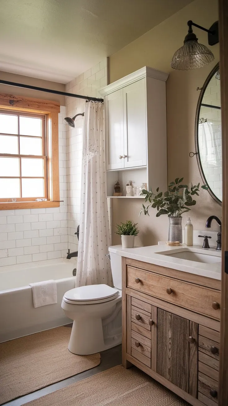 Escape to tranquility in this charming farmhouse restroom. The rustic bathroom decor and DIY farmhouse decor elements create a serene space, perfect after a bathroom remodel.