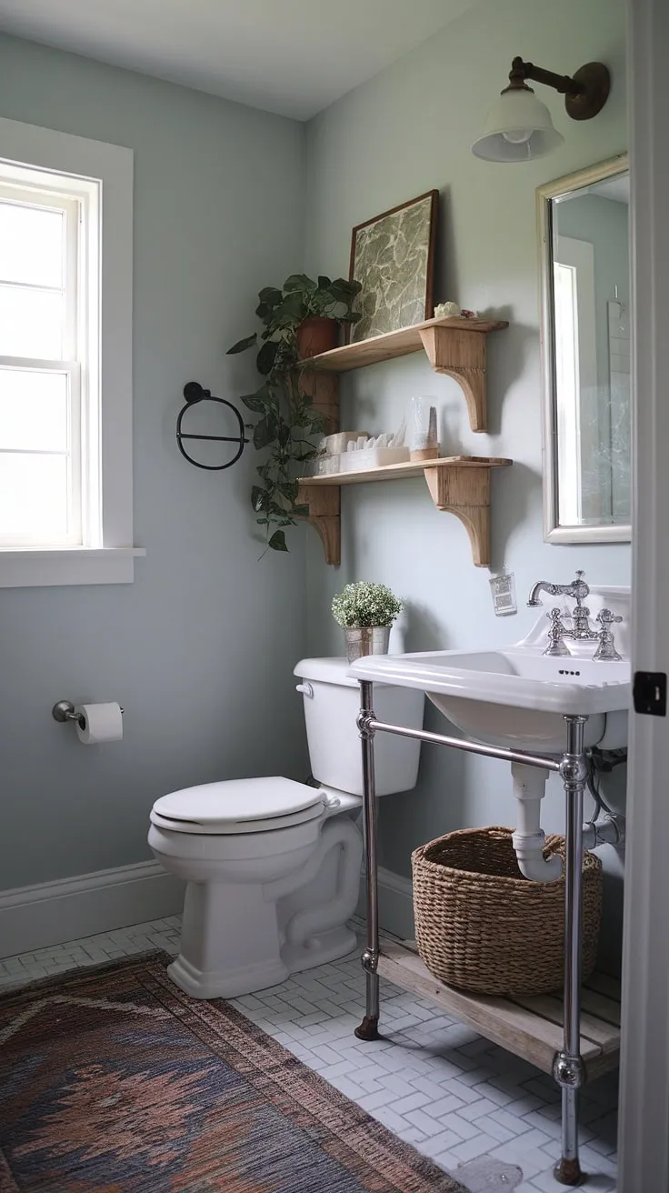 This farmhouse bathroom boasts the perfect blend of rustic bathroom decor and farmhouse restroom style. A successful bathroom remodel showcasing simple yet elegant farmhouse bathroom decor.
