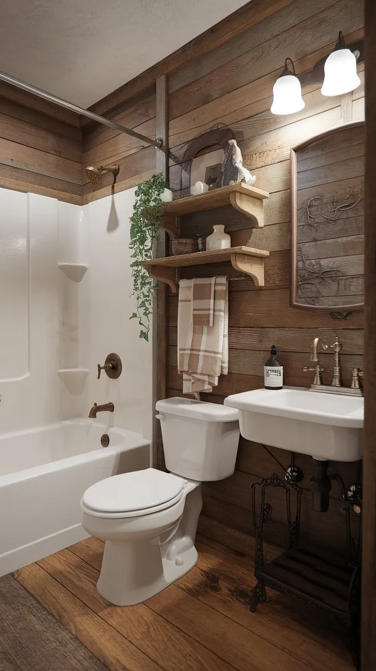 Cozy up in this farmhouse bathroom, where rustic bathroom decor meets farmhouse bathroom decor. This DIY farmhouse decor restroom remodel is the epitome of rustic charm.