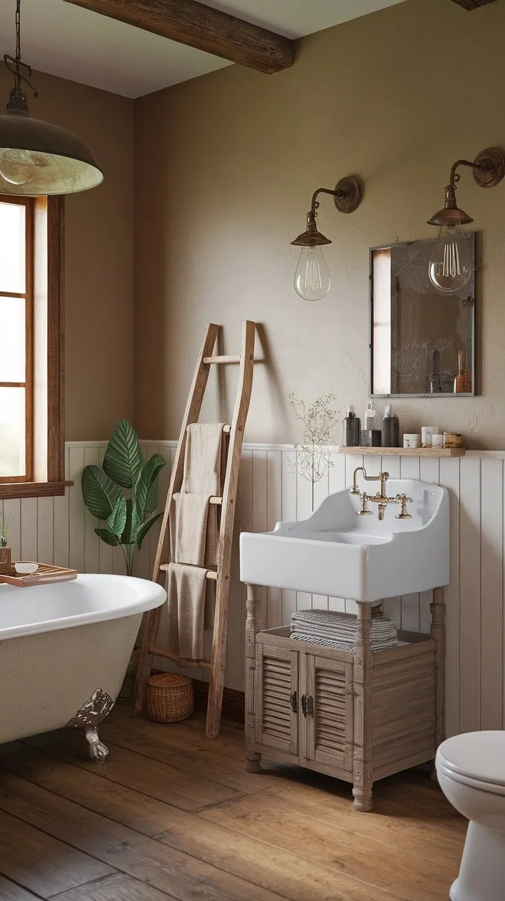 Warmth and rustic charm fill this farmhouse restroom. A successful bathroom remodel showcases the beauty of simple farmhouse bathroom decor. The combination of a white clawfoot tub, wooden accents, and vintage details creates a stunning rustic bathroom decor aesthetic. This DIY farmhouse decor project is a testament to the power of thoughtful design.