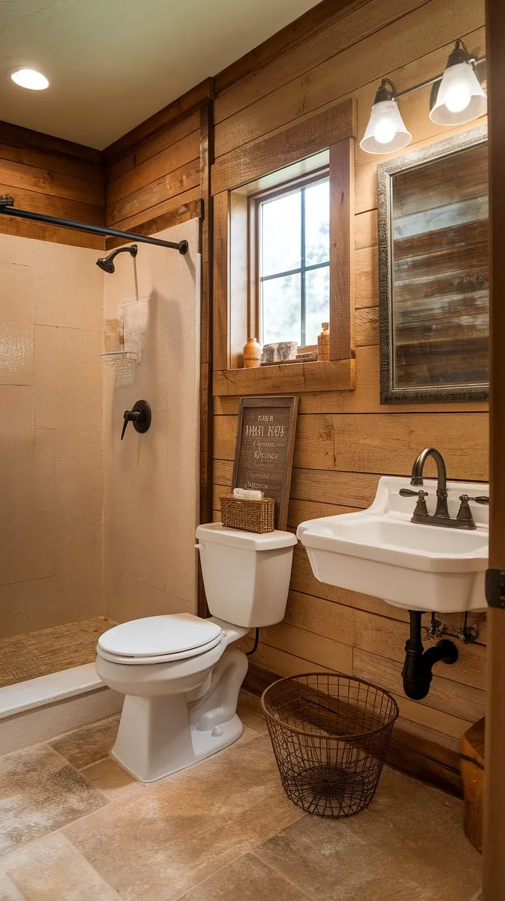 A stunning example of farmhouse bathroom decor, this farmhouse restroom showcases a successful bathroom remodel. The rustic bathroom decor is evident in the wood plank walls, the simple yet elegant sink and faucet, and the carefully chosen accessories. This DIY farmhouse decor approach creates a welcoming and functional space, perfect for a relaxing retreat.