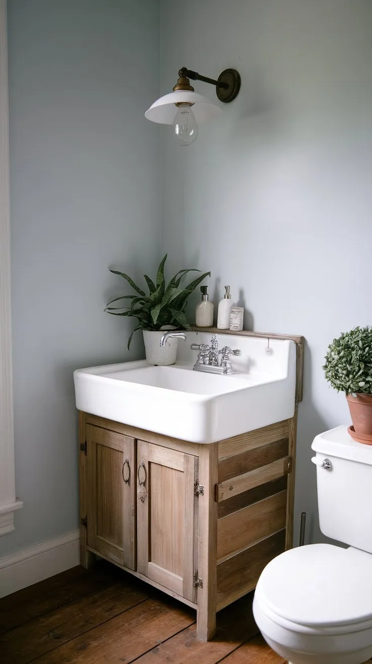 A recent bathroom remodel transformed this space into a dreamy farmhouse bathroom. The rustic bathroom decor, featuring a wooden vanity and white sink, is perfectly complemented by the light blue walls and vintage light fixture. This farmhouse bathroom decor, achieved with some DIY farmhouse decor touches, creates a welcoming and peaceful farmhouse restroom atmosphere.