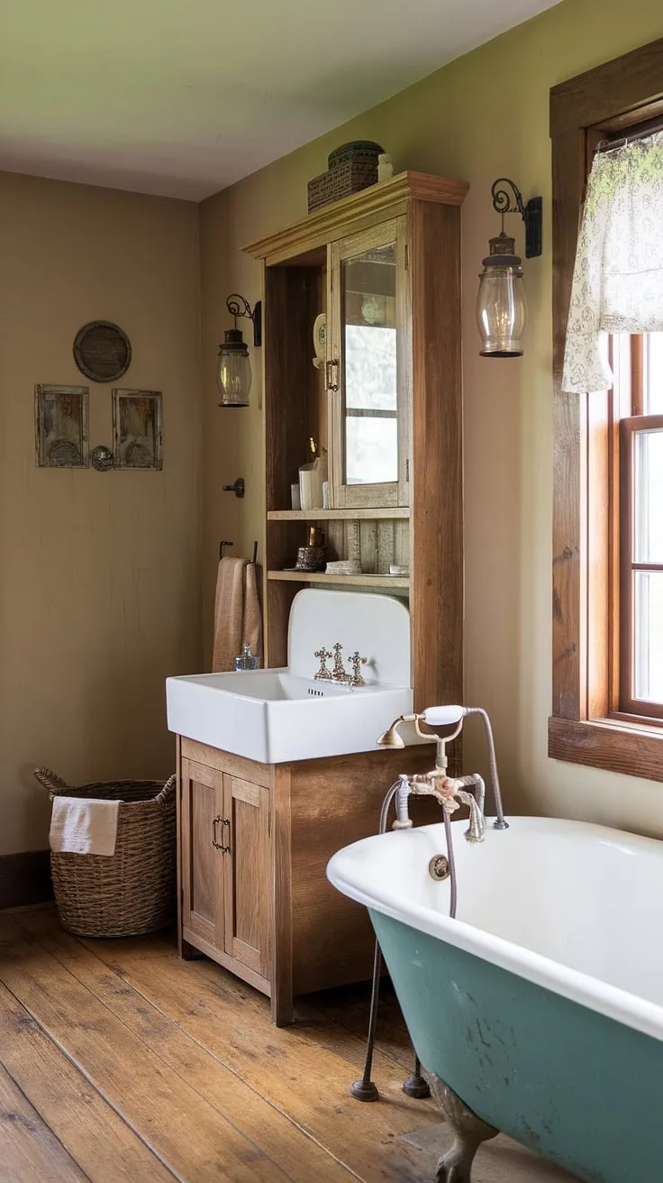 This farmhouse bathroom is a testament to the beauty of rustic bathroom decor. The warm beige walls, wooden floors, and vintage fixtures create a cozy and inviting farmhouse restroom. A successful bathroom remodel, this space showcases DIY farmhouse decor elements alongside classic farmhouse bathroom decor, resulting in a truly unique and peaceful retreat.