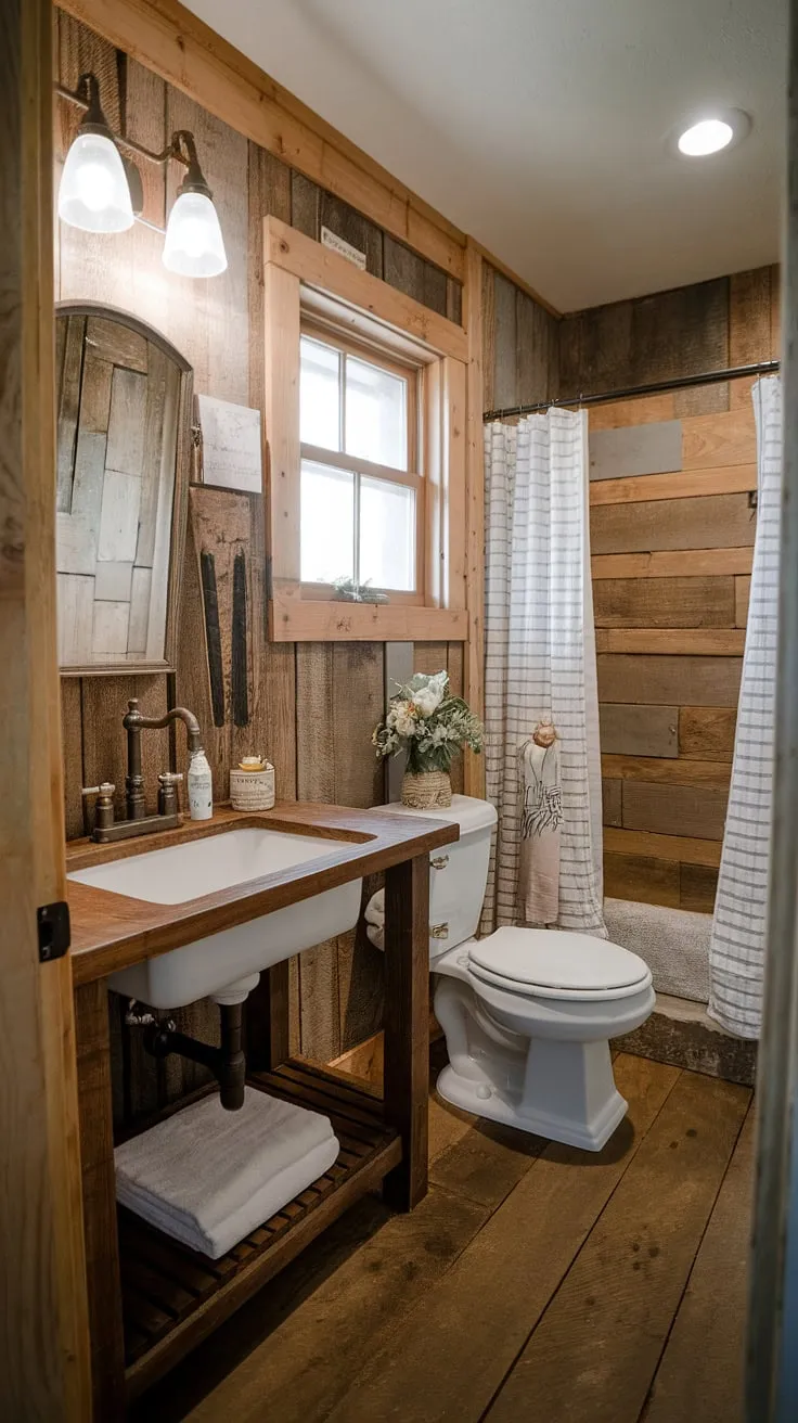 Escape to this charming farmhouse restroom, where rustic bathroom decor and DIY farmhouse decor create a tranquil retreat. A perfect example of a successful bathroom remodel.