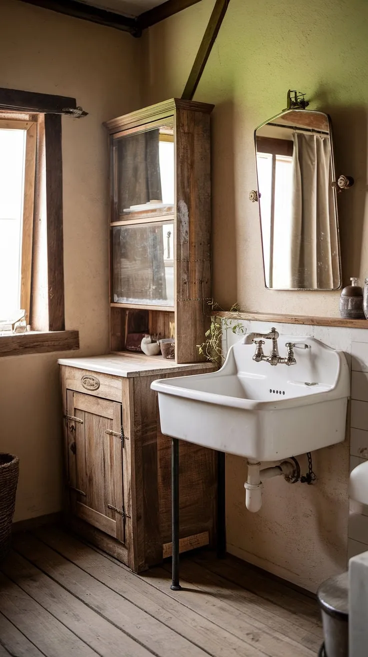 This farmhouse bathroom's rustic charm is the perfect blend of farmhouse restroom and farmhouse bathroom decor. A simple bathroom remodel showcasing effortless restroom decor.