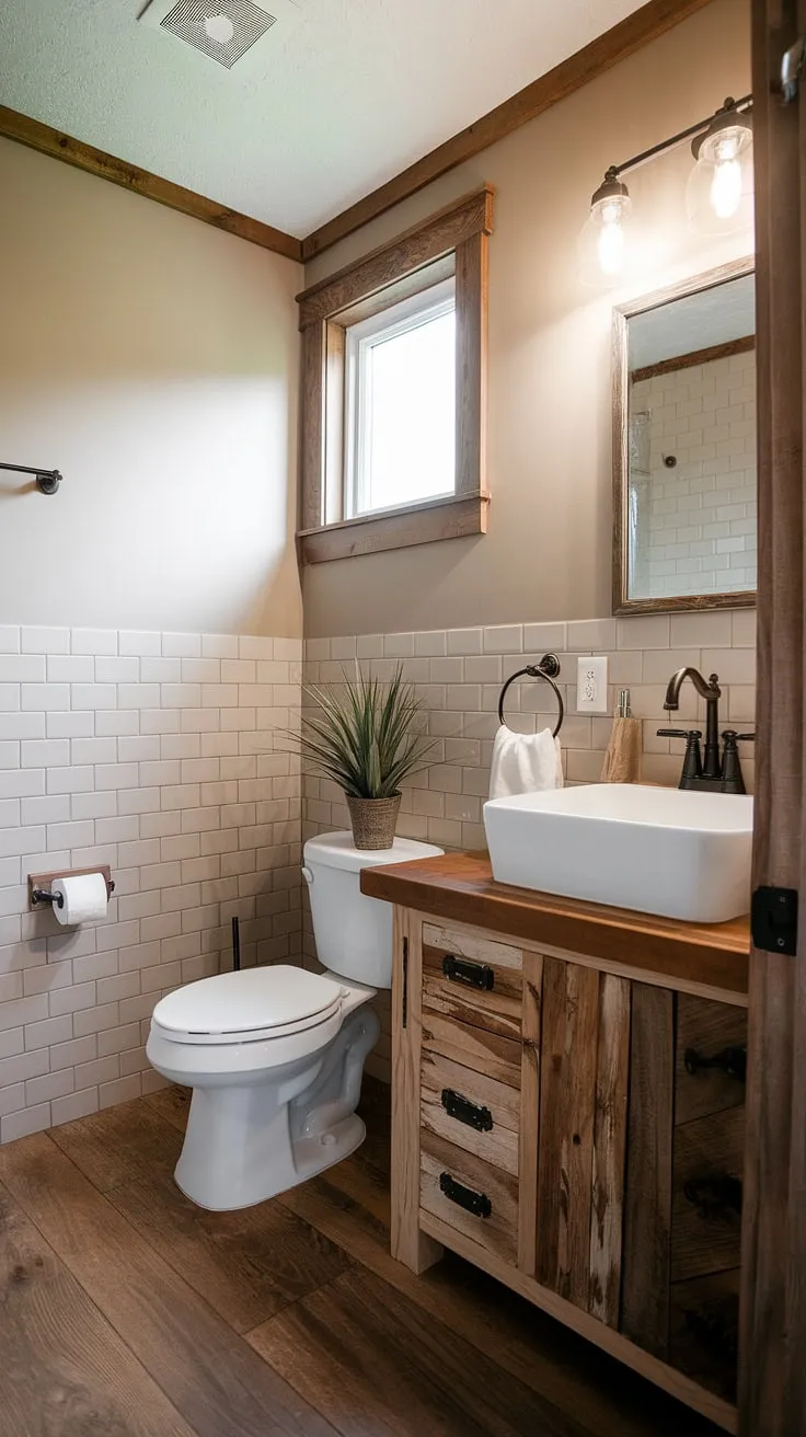 This bathroom remodel perfectly captures rustic charm. The beige tile walls, wooden countertop and cabinet, and white fixtures create a serene farmhouse bathroom. The addition of a potted plant adds a touch of life to this DIY farmhouse decor, transforming the space into a welcoming farmhouse restroom with beautiful restroom decor and farmhouse bathroom decor.