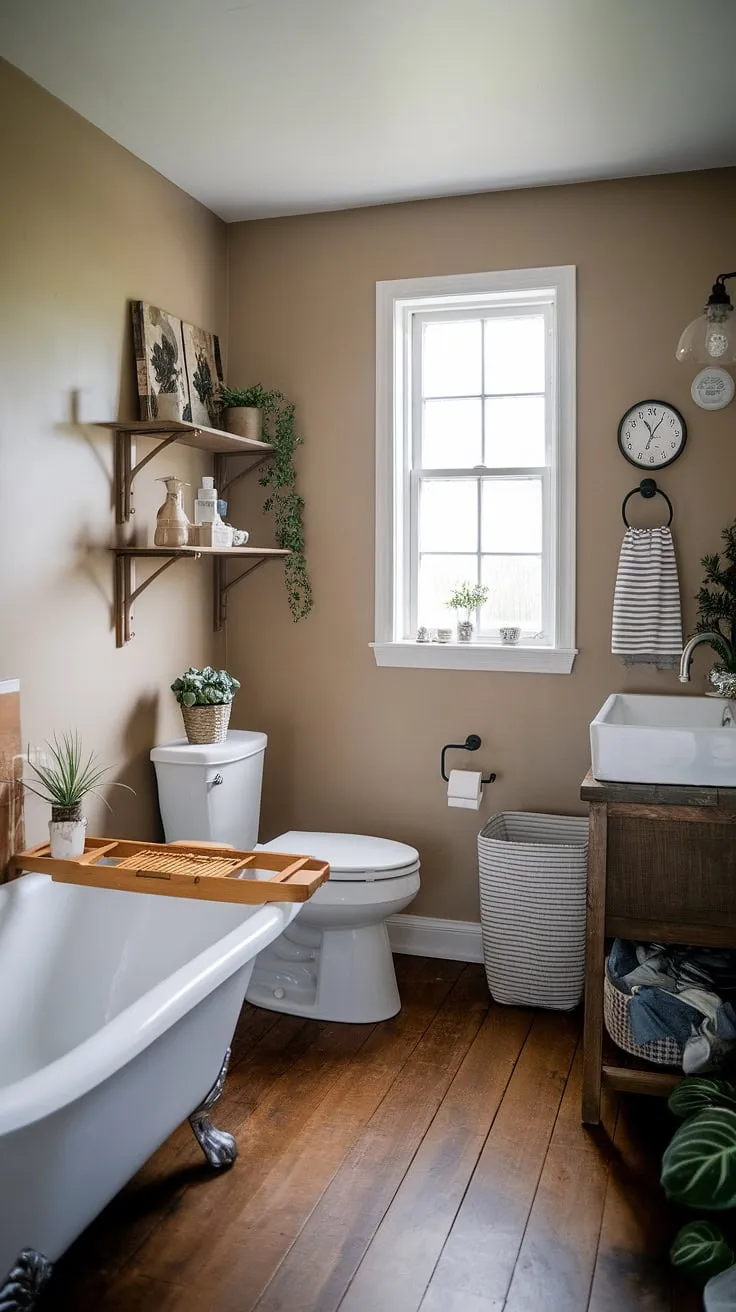 This charming farmhouse bathroom, a testament to a successful bathroom remodel, boasts rustic bathroom decor with DIY farmhouse decor touches throughout. The white clawfoot tub and simple white sink are perfectly complemented by the warm wood vanity and flooring, creating a serene and inviting farmhouse restroom. A few strategically placed plants and a laundry basket add to the cozy, lived-in feel.