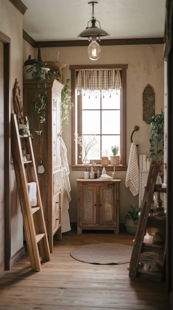 A recent bathroom remodel transformed this space into a delightful farmhouse bathroom. The rustic bathroom decor, featuring DIY farmhouse decor elements like the wooden ladder and charming cabinet, perfectly complements the farmhouse restroom's overall aesthetic. Natural light streams through the window, highlighting the warm wood floors and beige walls, creating a peaceful and inviting farmhouse bathroom decor.