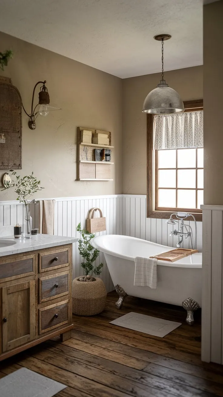 Escape to tranquility in this charming farmhouse restroom. Rustic bathroom decor meets modern comfort in this DIY farmhouse decor bathroom remodel.