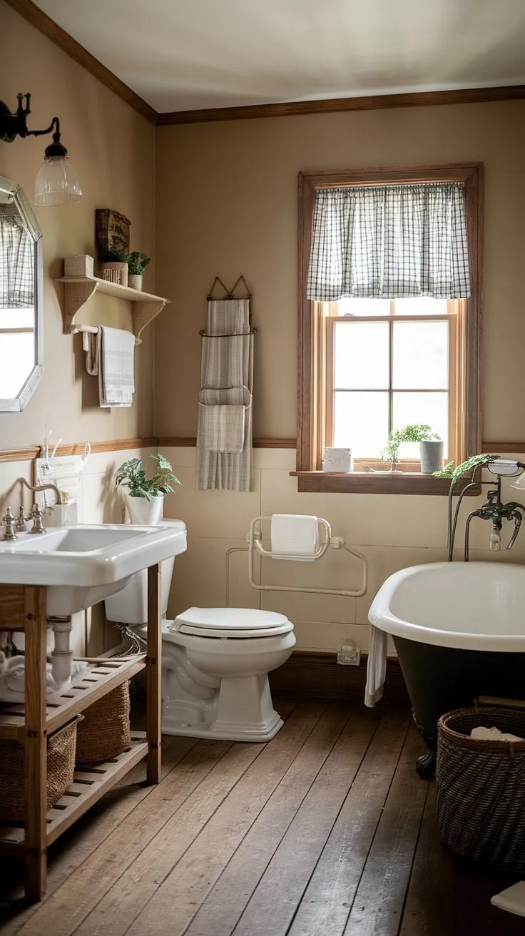 Step into tranquility with this charming farmhouse restroom; rustic bathroom decor at its finest. A successful bathroom remodel showcasing DIY farmhouse decor.