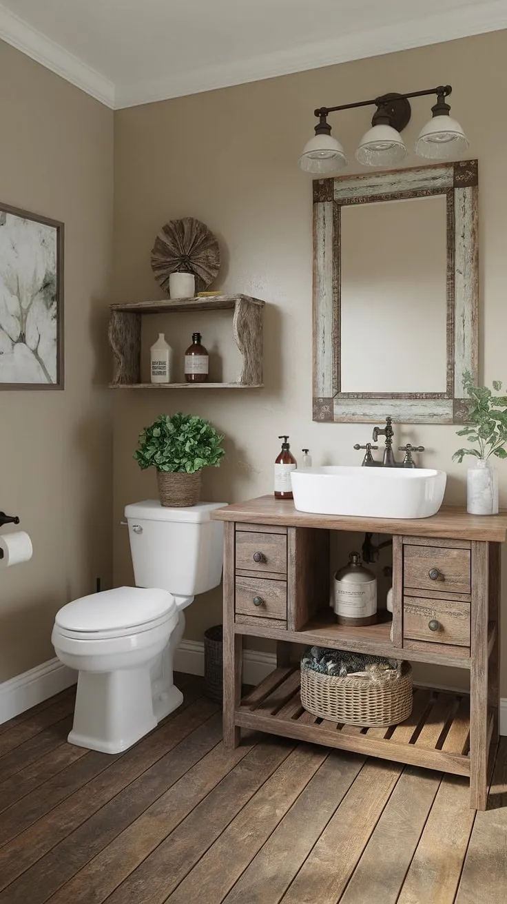 A recent bathroom remodel transformed this space into a stunning farmhouse bathroom. The rustic bathroom decor, featuring a DIY farmhouse decor vanity and a charming rustic mirror, creates a welcoming farmhouse restroom atmosphere. Simple touches like the potted plant add to the overall farmhouse bathroom decor.