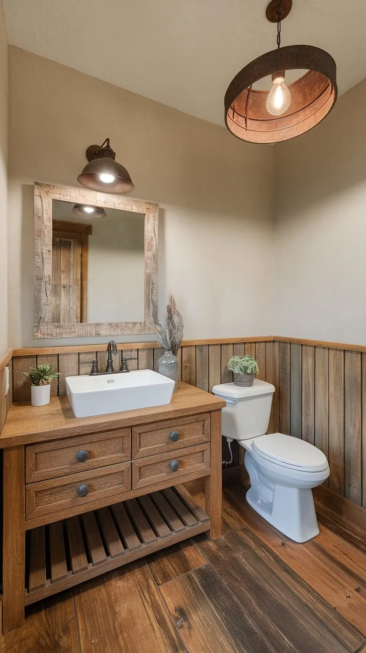 Escape to tranquility in this charming farmhouse restroom, showcasing rustic bathroom decor and a DIY farmhouse decor vanity. A perfect example of a successful bathroom remodel.