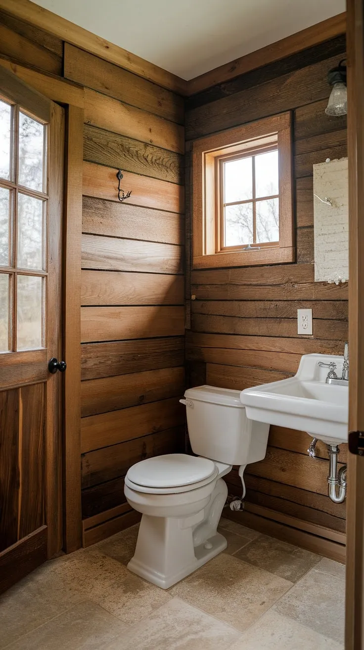 A rustic bathroom decor dream come true! This farmhouse bathroom remodel showcases the beauty of simple design. The wood-plank walls and functional layout create a welcoming farmhouse bathroom, while the white fixtures maintain a clean aesthetic. This restroom decor is a testament to the charm of DIY farmhouse decor.