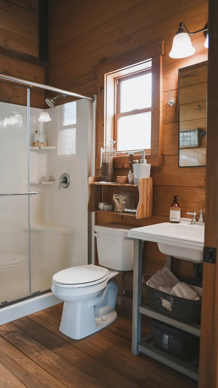 Rustic charm meets modern comfort in this farmhouse bathroom. This farmhouse restroom showcases stunning restroom decor and simple farmhouse bathroom decor, a testament to thoughtful DIY farmhouse decor and a successful bathroom remodel.