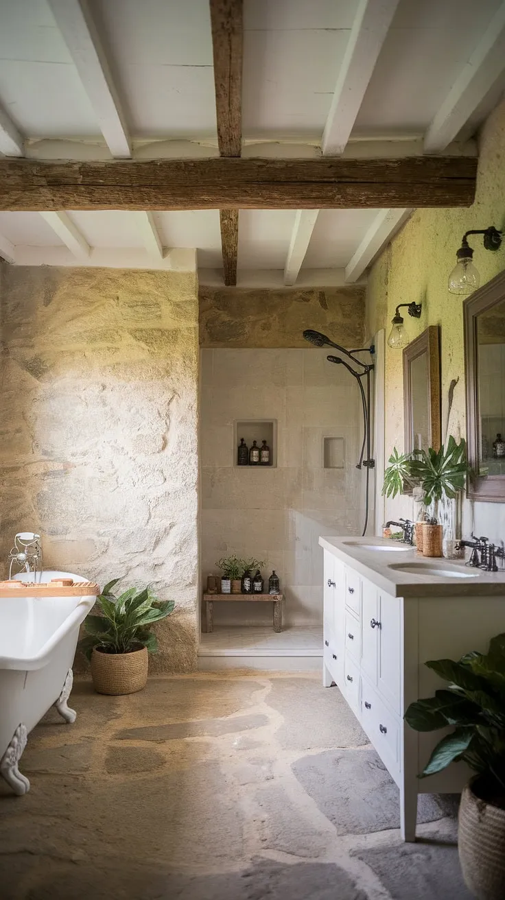 Step inside this stunning farmhouse bathroom, a testament to the beauty of rustic bathroom decor. The stonework, exposed wooden beam, and vintage lighting fixtures create an authentic farmhouse feel. The white bathtub and double vanity offer both style and practicality, while the thoughtful addition of potted plants completes the cozy ambiance. This bathroom remodel showcases the magic of DIY farmhouse decor, turning a simple restroom into a luxurious and inviting space.