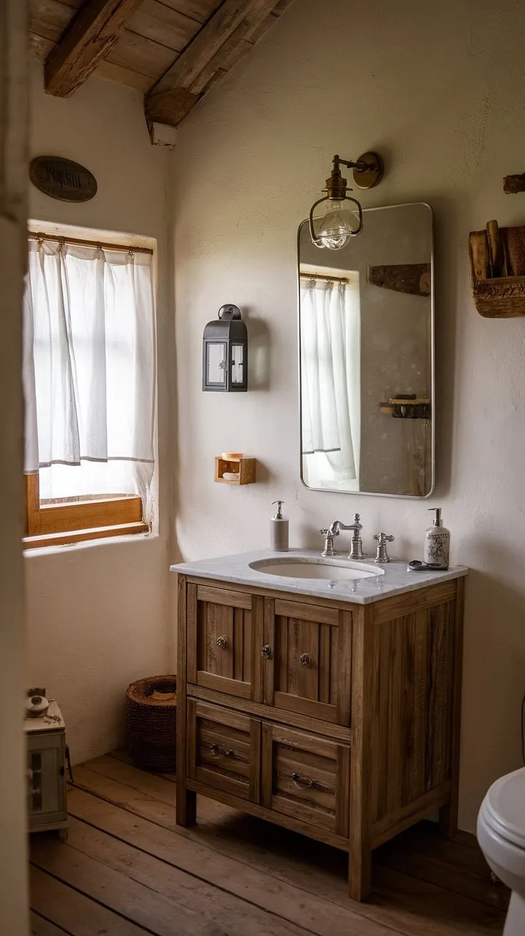 This farmhouse bathroom boasts rustic bathroom decor at its finest. A DIY farmhouse decor approach shines through in the handcrafted wooden vanity and the thoughtfully chosen accents. The warm lighting and simple elegance make this farmhouse bathroom a true sanctuary. Consider this a perfect example of a successful bathroom remodel, showcasing the beauty of farmhouse bathroom decor and restroom decor.