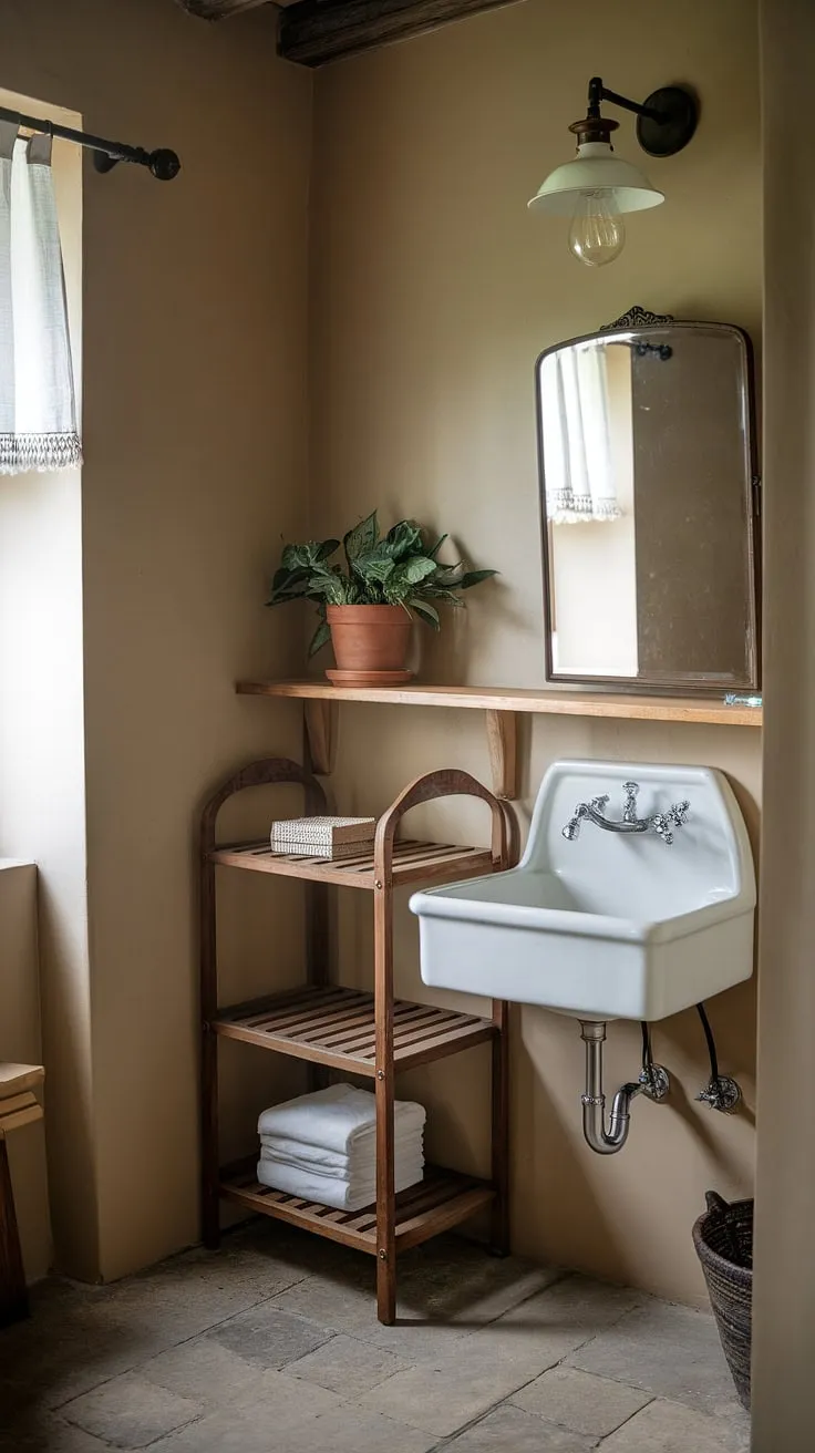 This farmhouse bathroom boasts a serene atmosphere, showcasing rustic bathroom decor at its finest. A successful farmhouse restroom makeover, this space effortlessly blends farmhouse bathroom decor with thoughtful DIY farmhouse decor elements.