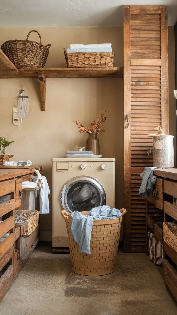 This farmhouse utility room embodies rustic charm with its earthy laundry room design.  The laundry room remodel showcases a perfect blend of vintage and modern, creating a country laundry rooms aesthetic that's both functional and inviting.  A testament to thoughtful laundry room design and a successful laundry room makeover.