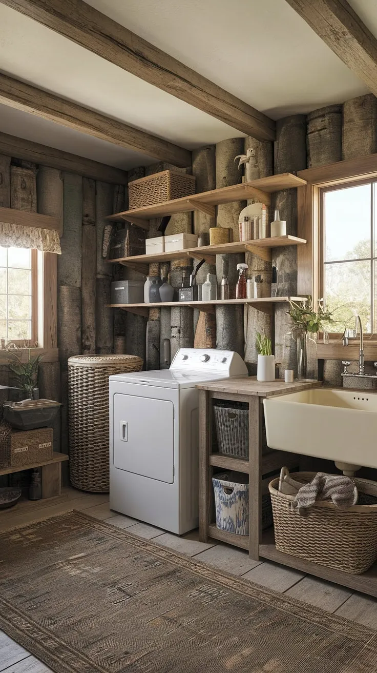 This laundry room makeover transformed a simple space into a stunning country laundry rooms haven. The earthy laundry room design, featuring a vintage sink and wooden countertop, perfectly complements the farmhouse utility room's rustic charm.  A true example of inspired laundry room design.