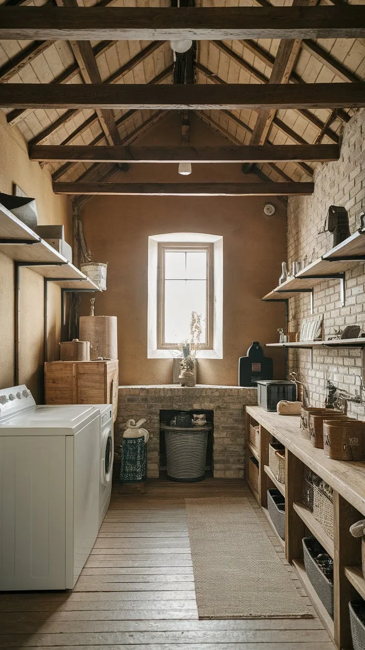 Step into this dreamy farmhouse utility room, a stunning example of a laundry room design that seamlessly marries vintage and modern aesthetics.  The country laundry rooms aesthetic is achieved through exposed brick, wooden floors, and a charming collection of vintage finds. This laundry room makeover is a masterclass in creating a space that's both functional and utterly captivating.