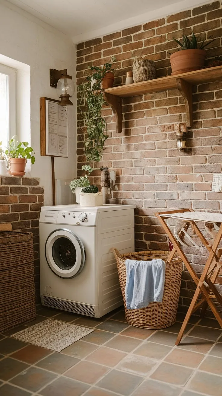 This laundry room makeover is a testament to rustic elegance.  The exposed brick walls and wooden accents create a warm and inviting atmosphere in this earthy laundry room.  Our country laundry rooms design inspiration shines through in this farmhouse utility room, proving that functionality and style can coexist beautifully.