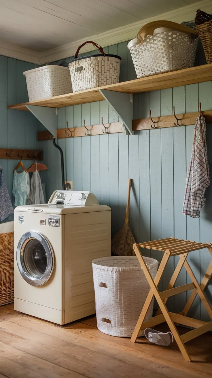 This laundry room makeover transformed a simple space into a delightful country laundry rooms haven.  The farmhouse utility room design seamlessly blends rustic charm with modern functionality, featuring a vintage washer, wooden drying rack, and plenty of storage.  A true example of earthy laundry room style.