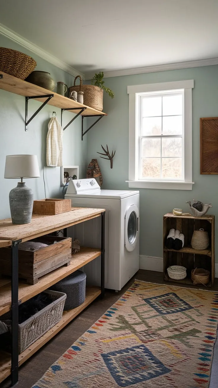 A laundry room makeover doesn't get more charming than this.  The earthy tones and rustic details transform this farmhouse utility room into a cozy and functional space.  This laundry room design perfectly captures the essence of country laundry rooms.