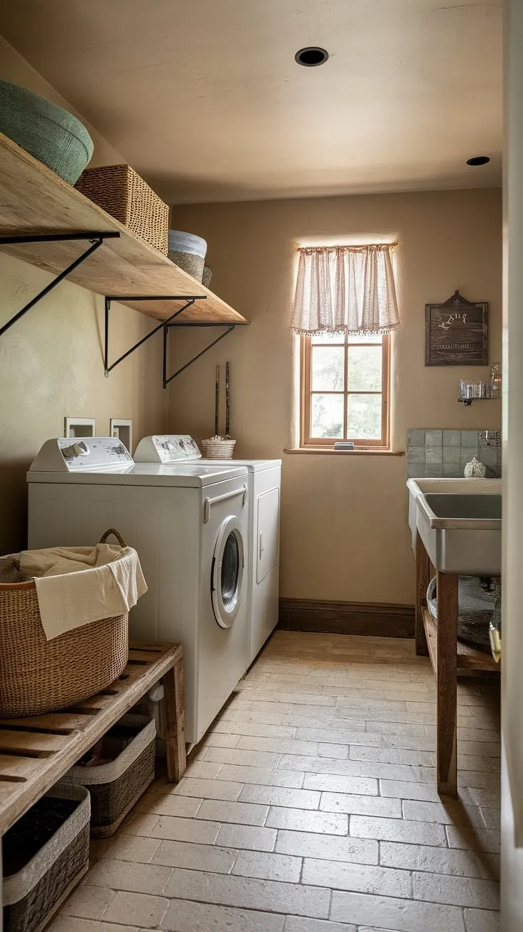 This laundry room makeover transformed a simple space into a stunning farmhouse utility room.  The earthy laundry room design, featuring a vintage washer and dryer, creates a country laundry rooms feel that's both cozy and efficient.  From the rustic wooden shelf to the beige tile floor, every detail contributes to this thoughtful laundry room design and successful laundry room remodel.