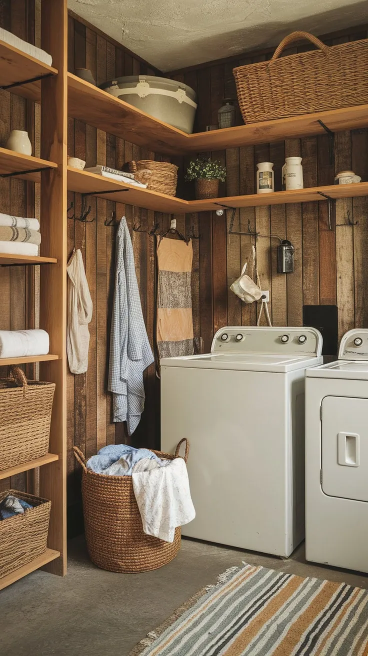This garage mudroom entryway is the ultimate garage drop zone, transforming a chaotic entry into a functional and stylish space.  The built-in bench with storage bins, coat rack, and shelf provide ample garage storage inspiration, making garage organizing a breeze.  This mudroom garage design is the perfect blend of practicality and aesthetic appeal.