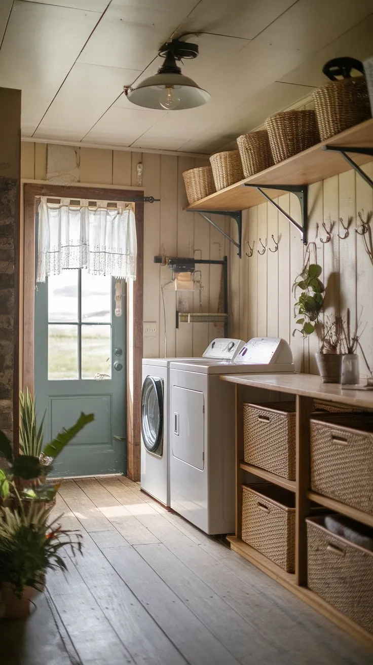This farmhouse utility room seamlessly blends rustic charm with modern convenience.  The earthy laundry room design, complete with a vintage washer and modern dryer, is the perfect example of a successful laundry room remodel or makeover.  Notice the thoughtful details, from the worn wooden floors to the strategically placed potted plantsâ€”a testament to inspired country laundry rooms design.
