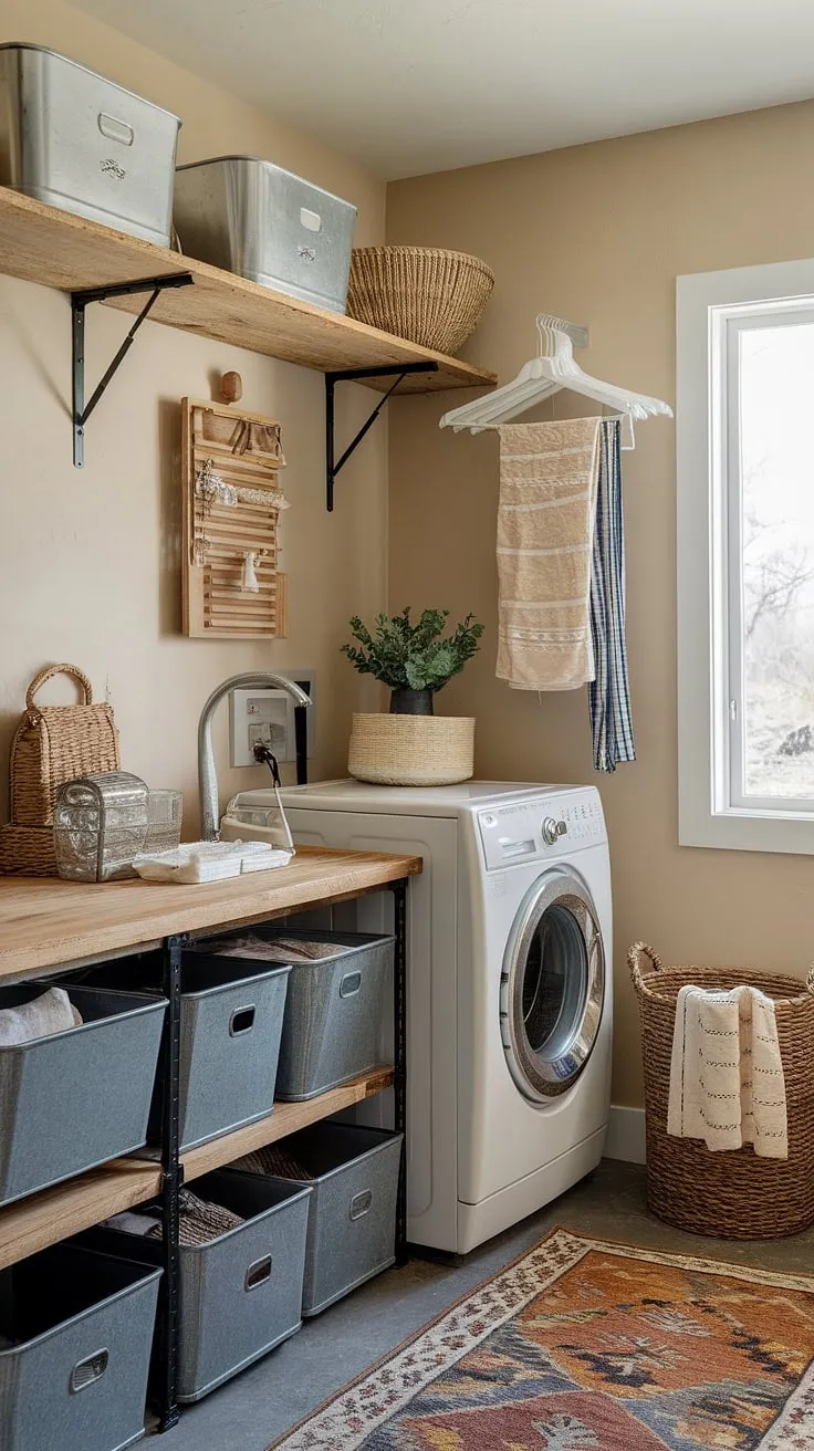 This laundry room makeover transformed a simple space into a cozy and functional farmhouse utility room.  The earthy tones and vintage details create a country laundry rooms aesthetic that's both practical and inviting.  A perfect example of a successful laundry room design.