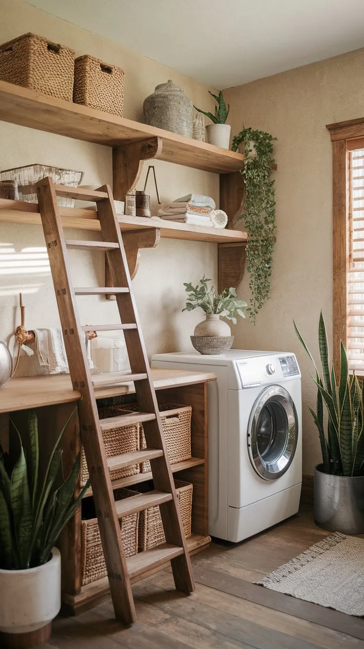 Step into this dreamy laundry room makeover!  The earthy laundry room design of this farmhouse utility room is pure inspiration for country laundry rooms.  From the vintage washer to the clever use of wood, this laundry room remodel is a masterclass in laundry room design.