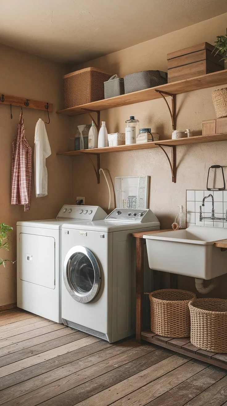 This earthy laundry room is the epitome of farmhouse style.  A successful laundry room remodel, this space seamlessly blends vintage appliances with practical storage solutions.  The warm tones and wooden accents create a welcoming atmosphere, making laundry day a little less of a chore.  This laundry room design is the perfect inspiration for your own country laundry rooms.