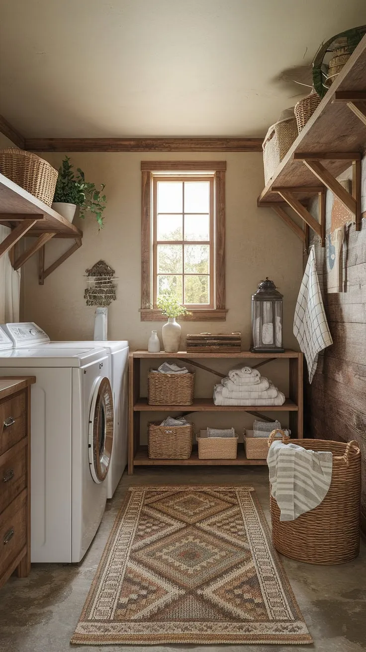 This laundry room makeover transformed a simple utility space into a stunning farmhouse utility room.  The earthy laundry room design, featuring reclaimed wood and a vintage washing machine, creates a country laundry rooms feel that's both practical and picturesque.  From the patterned rug to the carefully chosen details, this laundry room remodel is a masterclass in laundry room design.